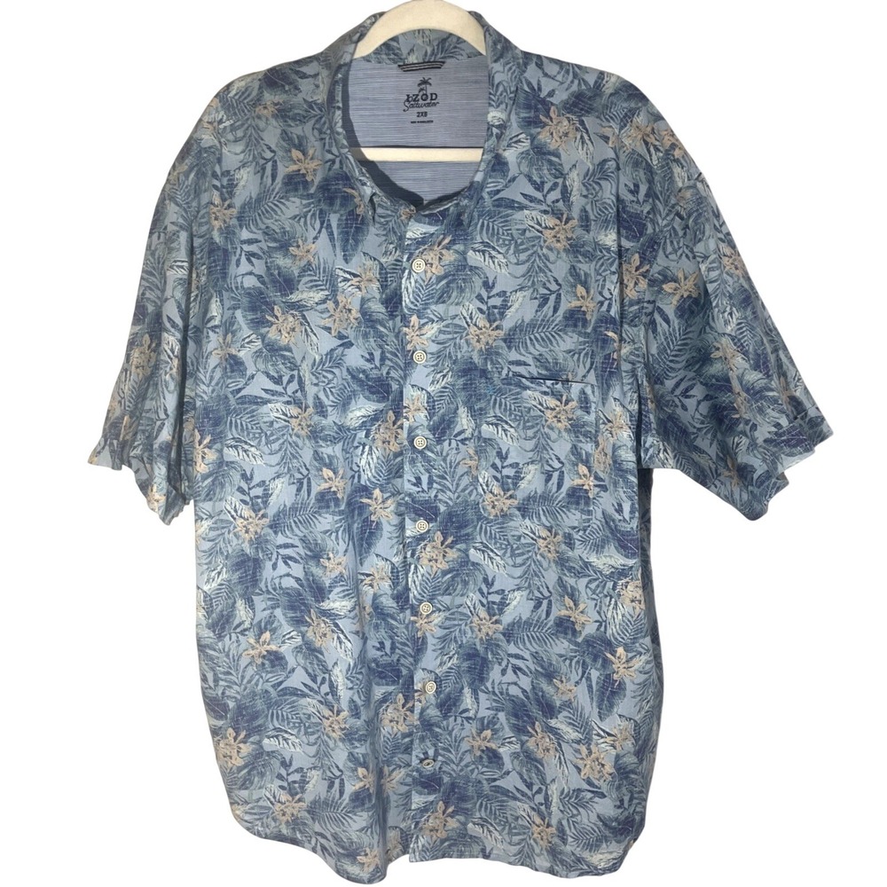 IZOD Saltwater Men's 2XB Blue Hawaiian Tropical Short Sleeve Button Up Shirt - Picture 1 of 8